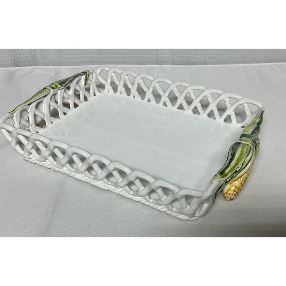 Vintage Ceramic White/Green/Yellow Hand Painted Corn On The Cob Platter - Picture 1 of 11